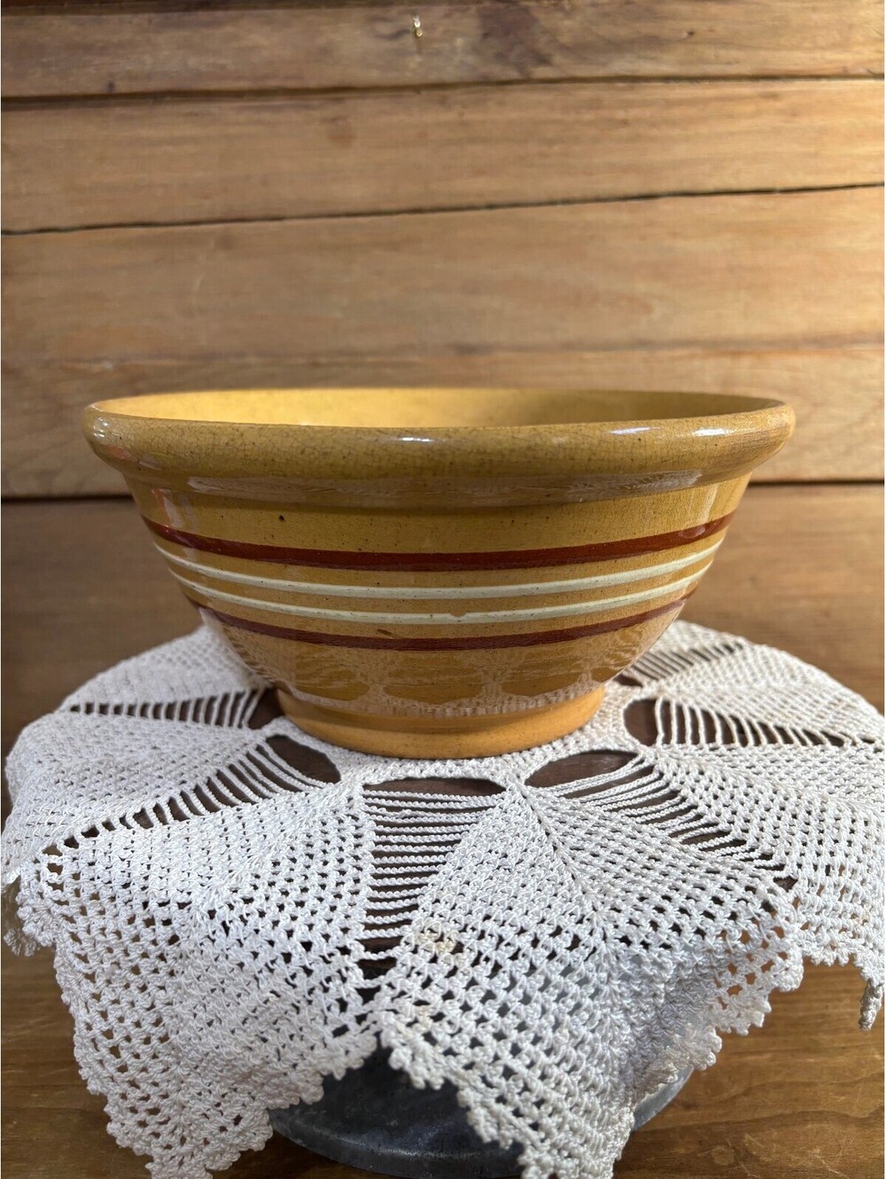 Vintage Yellowware Mixing Bowl with Stripes Bands